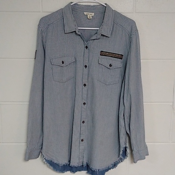 TRIBAL JEANS STREETWEAR RAW HEM MILITARY SOFT WORN DENIM CHAMBRAY STRIPE SHIRT - Picture 1 of 13